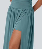 High Waisted 2-in-1 Split Flowy Midi Dance Skirt with Side Pocket — Mineral Blue — view 5