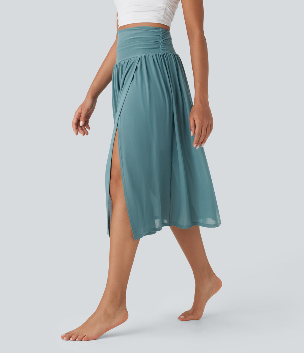 High Waisted 2-in-1 Split Flowy Midi Dance Skirt with Side Pocket — Mineral Blue — view 3