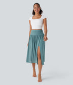 High Waisted 2-in-1 Split Flowy Midi Dance Skirt with Side Pocket — Mineral Blue — view 6