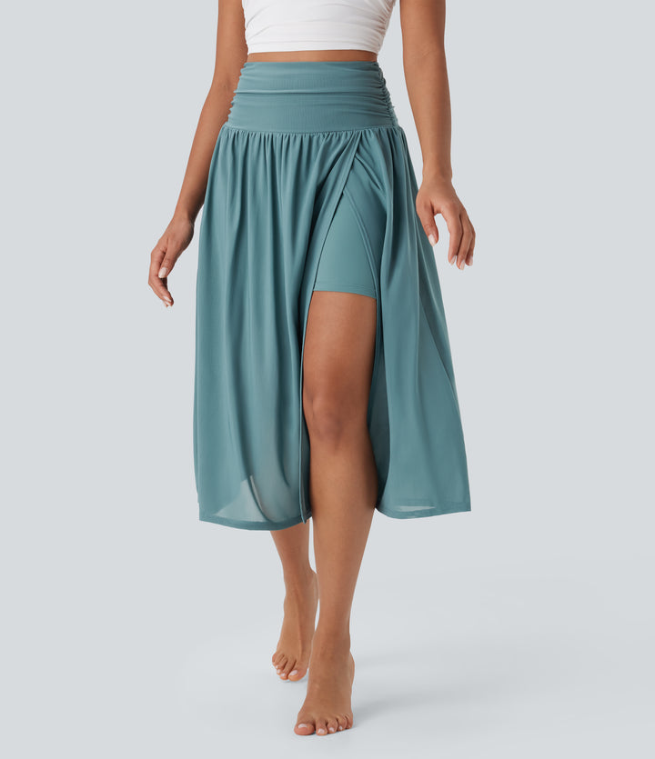 High Waisted 2-in-1 Split Flowy Midi Dance Skirt with Side Pocket — Mineral Blue — view 1