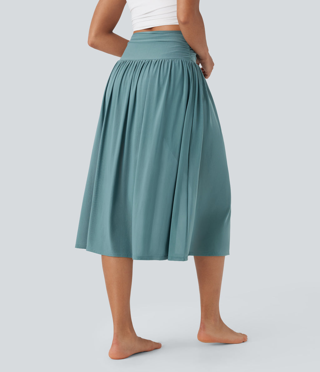 High Waisted 2-in-1 Split Flowy Midi Dance Skirt with Side Pocket — Mineral Blue — view 2