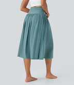 High Waisted 2-in-1 Split Flowy Midi Dance Skirt with Side Pocket — Mineral Blue — view 2