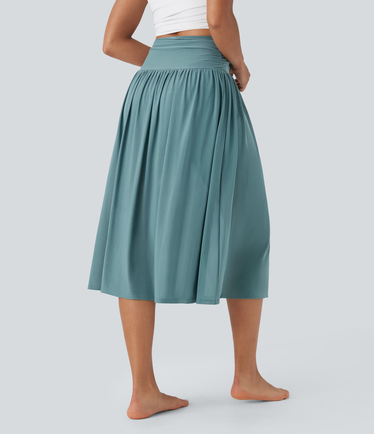 High Waisted 2-in-1 Split Flowy Midi Dance Skirt with Side Pocket — Mineral Blue — view 2