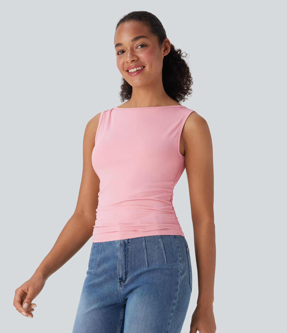 Boat Neck Sleeveless Ruched Casual Top — Almond Blossom — view 3