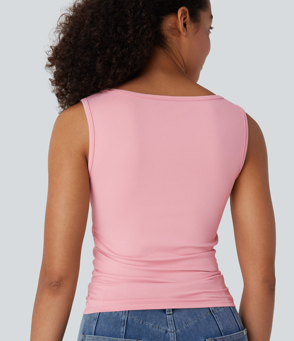 Boat Neck Sleeveless Ruched Casual Top — Almond Blossom — view 5