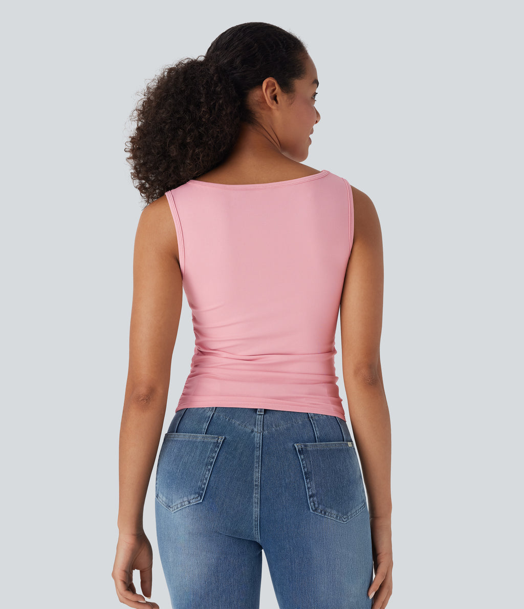 Boat Neck Sleeveless Ruched Casual Top — Almond Blossom — view 2
