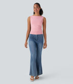 Boat Neck Sleeveless Ruched Casual Top — Almond Blossom — view 6