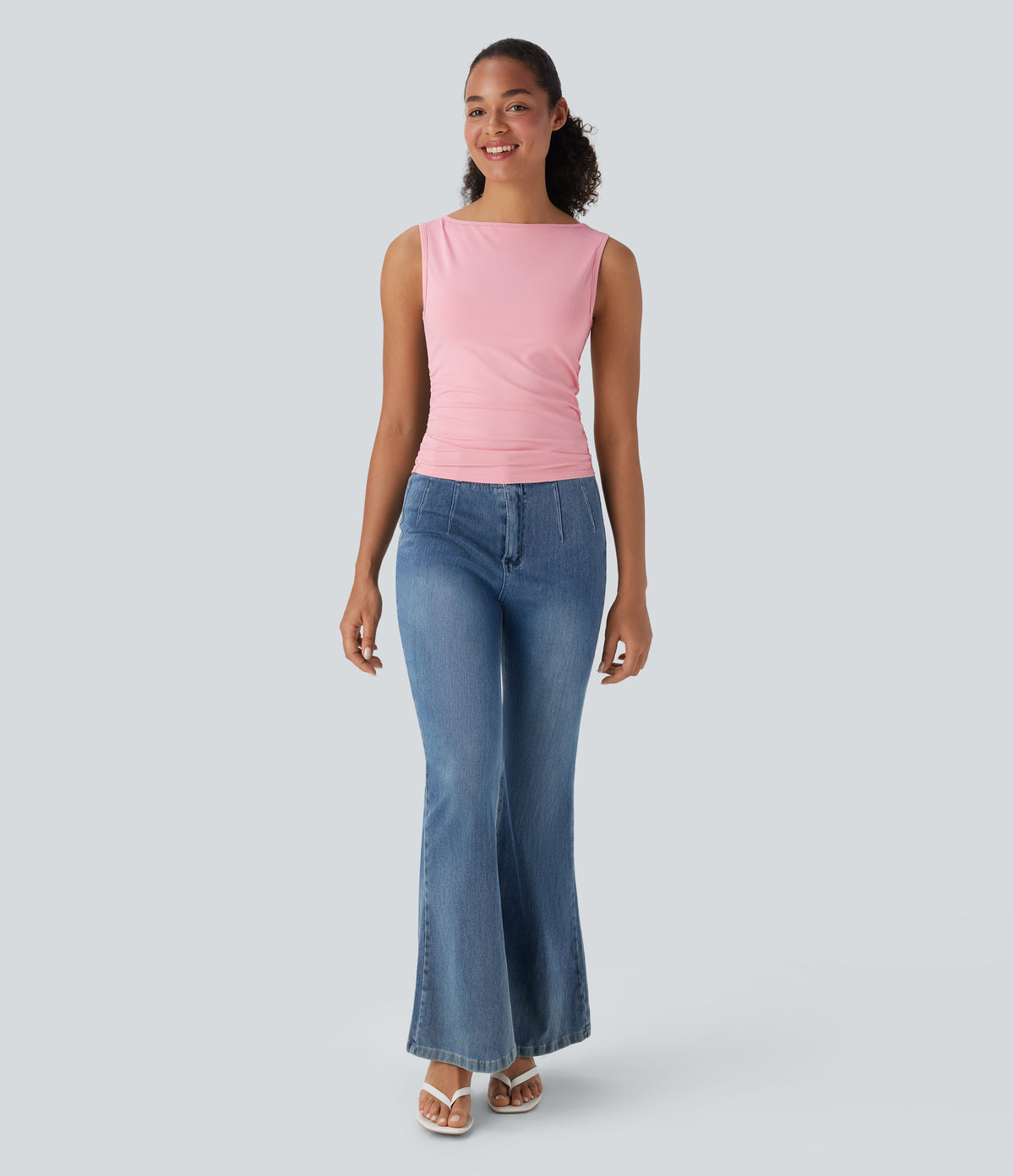 Boat Neck Sleeveless Ruched Casual Top — Almond Blossom — view 6