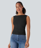 Boat Neck Sleeveless Ruched Casual Top — Black — view 7