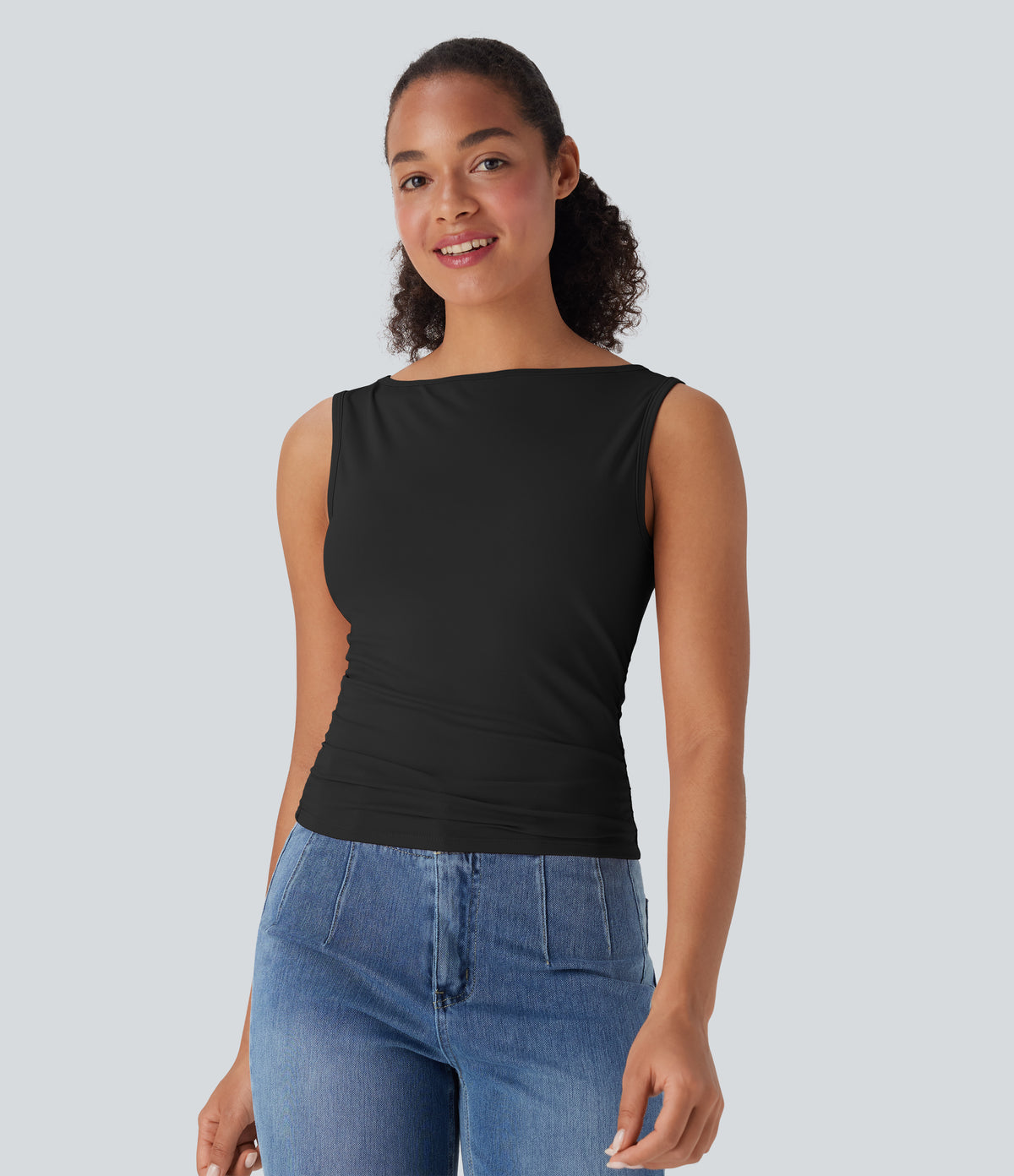 Boat Neck Sleeveless Ruched Casual Top — Black — view 7