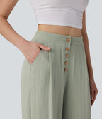 High Waisted Button Wide Leg Casual Linen-Feel Trousers with Pockets — Mercury — view 4