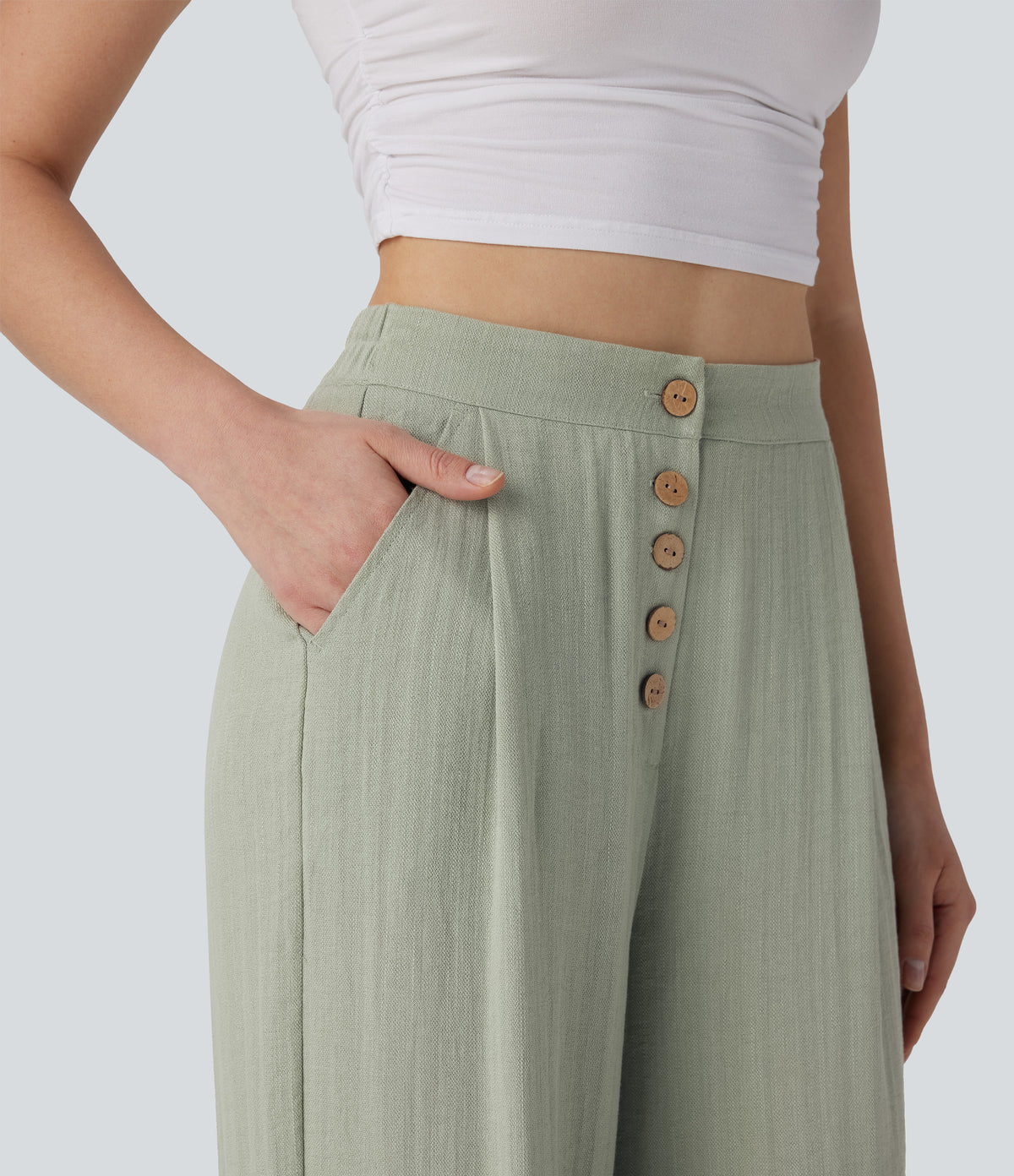 High Waisted Button Wide Leg Casual Linen-Feel Trousers with Pockets — Mercury — view 4