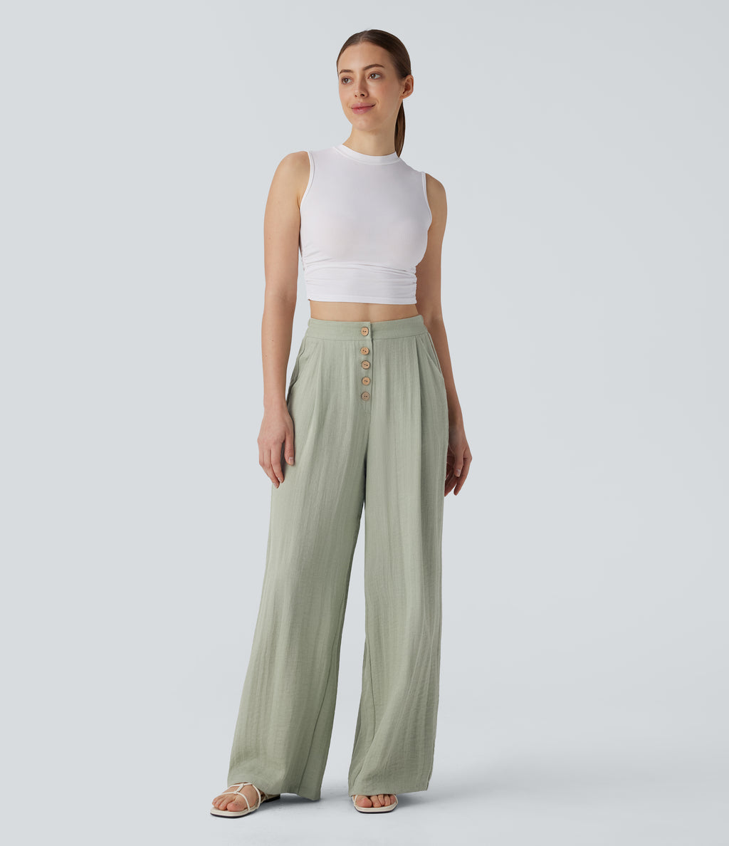 High Waisted Button Wide Leg Casual Linen-Feel Trousers with Pockets — Mercury — view 6