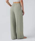 High Waisted Button Wide Leg Casual Linen-Feel Trousers with Pockets — Mercury — view 2