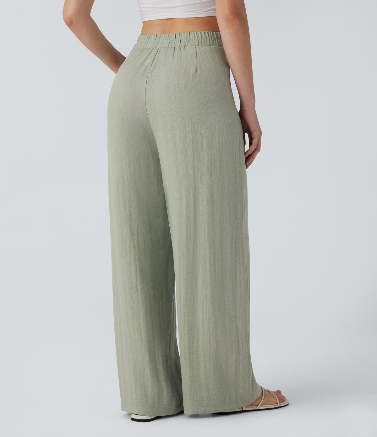 High Waisted Button Wide Leg Casual Linen-Feel Trousers with Pockets — Mercury — view 2