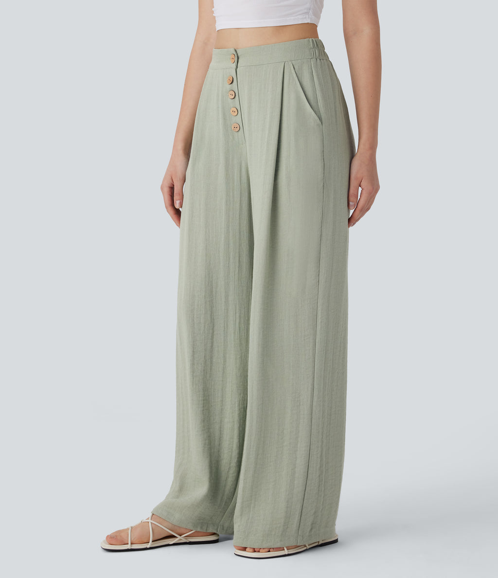 High Waisted Button Wide Leg Casual Linen-Feel Trousers with Pockets — Mercury — view 3