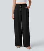 High Waisted Button Wide Leg Casual Linen-Feel Trousers with Pockets — Black — view 7