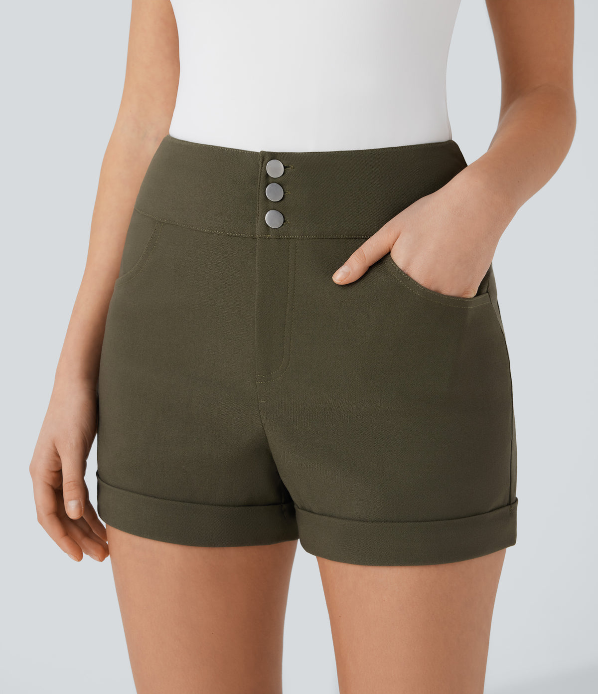 High Waisted Button Rolled Hem Casual Skinny Shorts with Pockets — Forest Wild Brown — view 4
