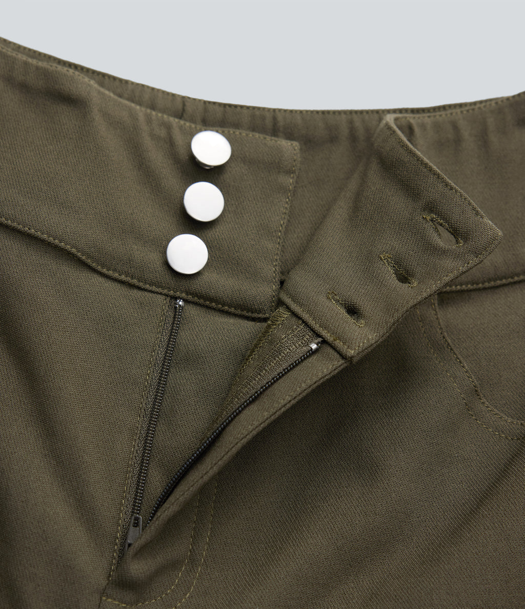 High Waisted Button Rolled Hem Casual Skinny Shorts with Pockets — Forest Wild Brown — view 7