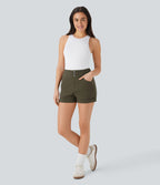High Waisted Button Rolled Hem Casual Skinny Shorts with Pockets — Forest Wild Brown — view 6