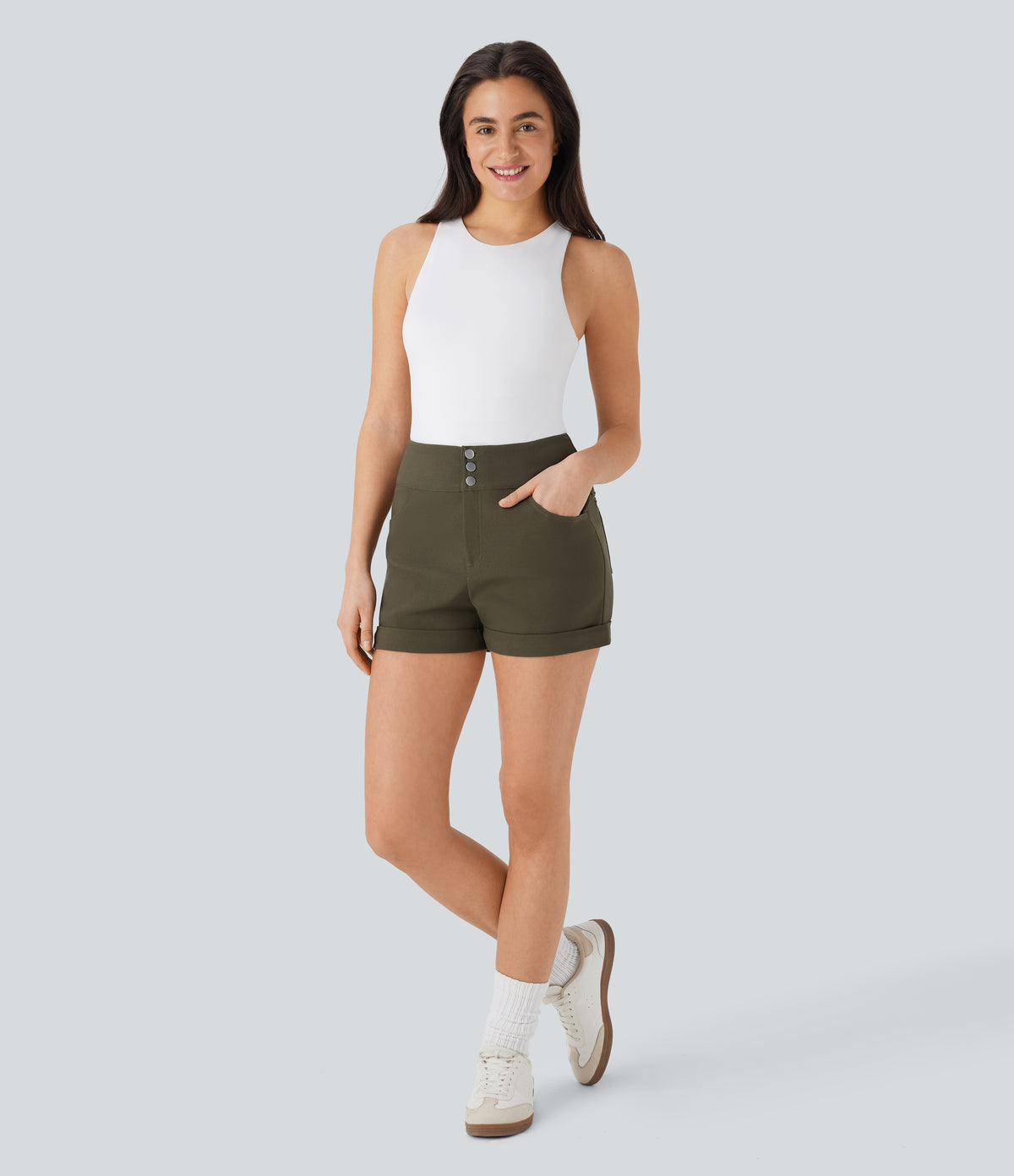 High Waisted Button Rolled Hem Casual Skinny Shorts with Pockets — Forest Wild Brown — view 6