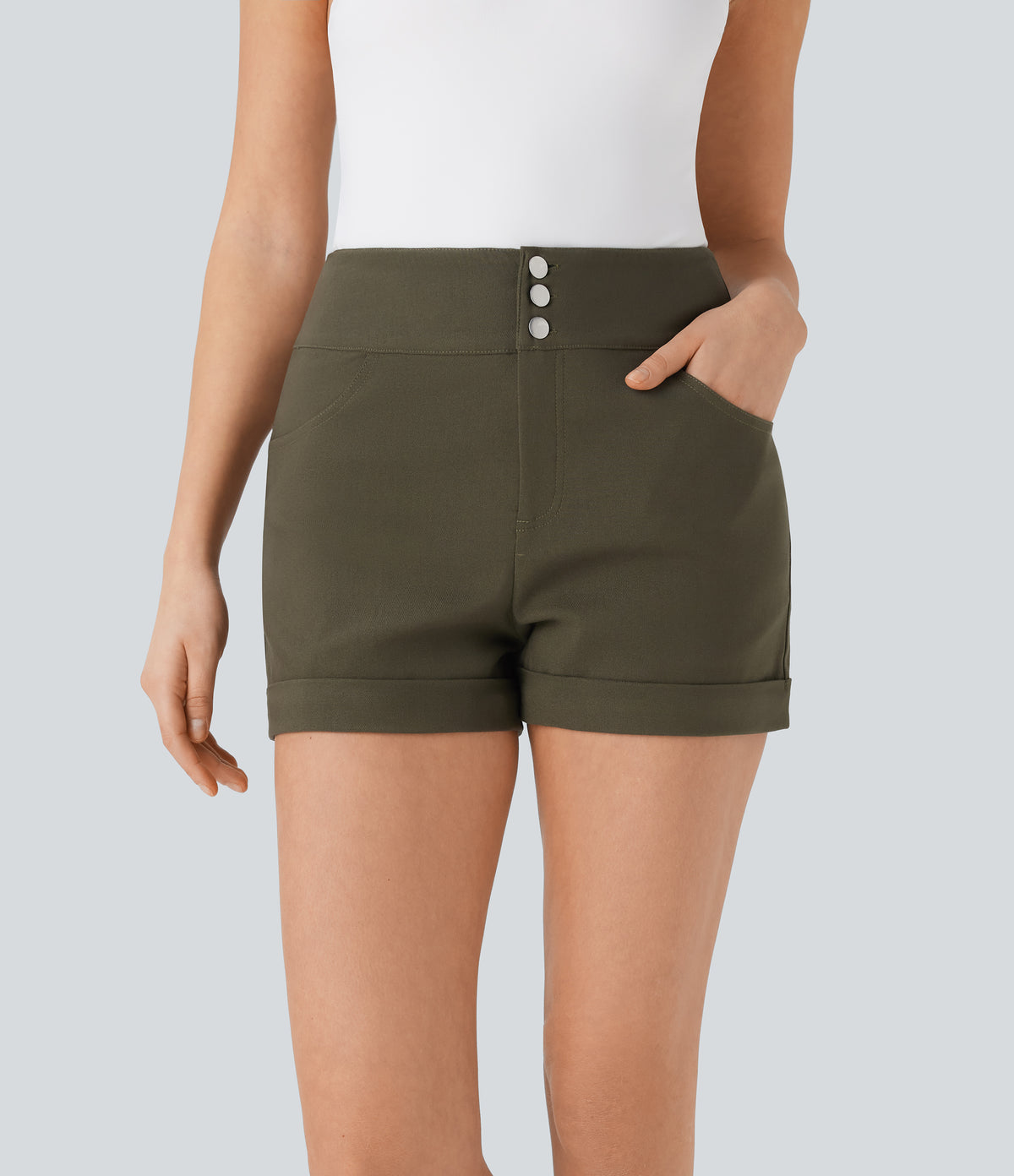 High Waisted Button Rolled Hem Casual Skinny Shorts with Pockets — Forest Wild Brown — view 1