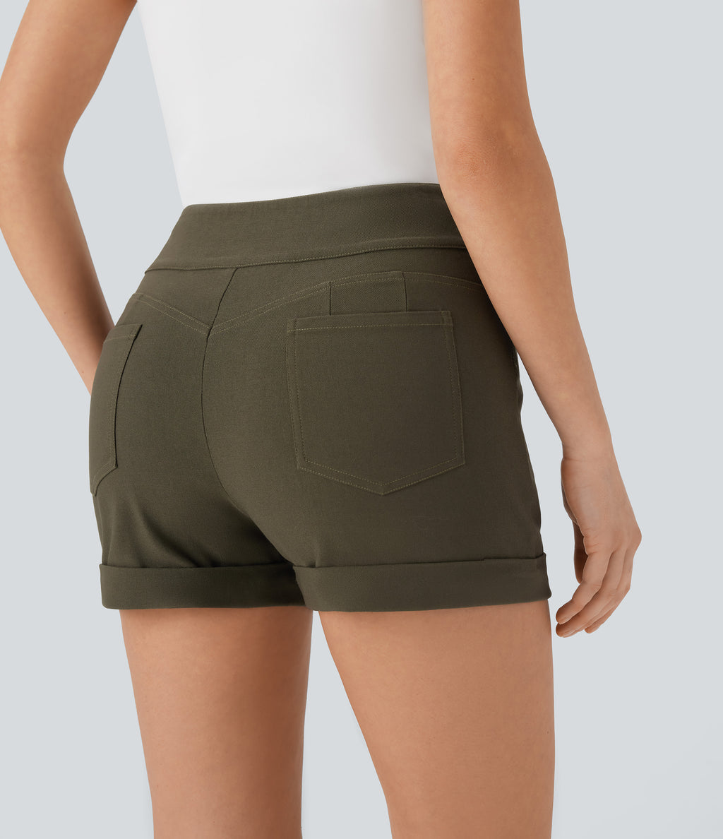High Waisted Button Rolled Hem Casual Skinny Shorts with Pockets — Forest Wild Brown — view 5