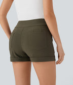 High Waisted Button Rolled Hem Casual Skinny Shorts with Pockets — Forest Wild Brown — view 5