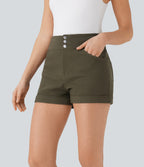 High Waisted Button Rolled Hem Casual Skinny Shorts with Pockets — Forest Wild Brown — view 3