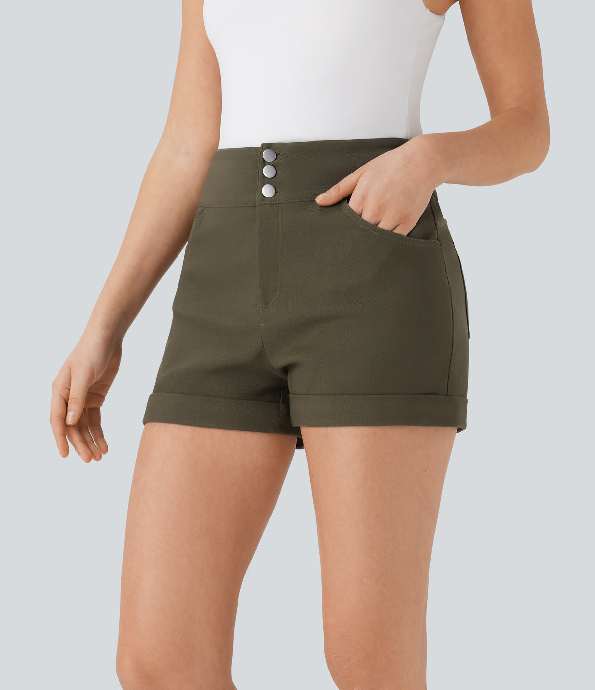 High Waisted Button Rolled Hem Casual Skinny Shorts with Pockets — Forest Wild Brown — view 3