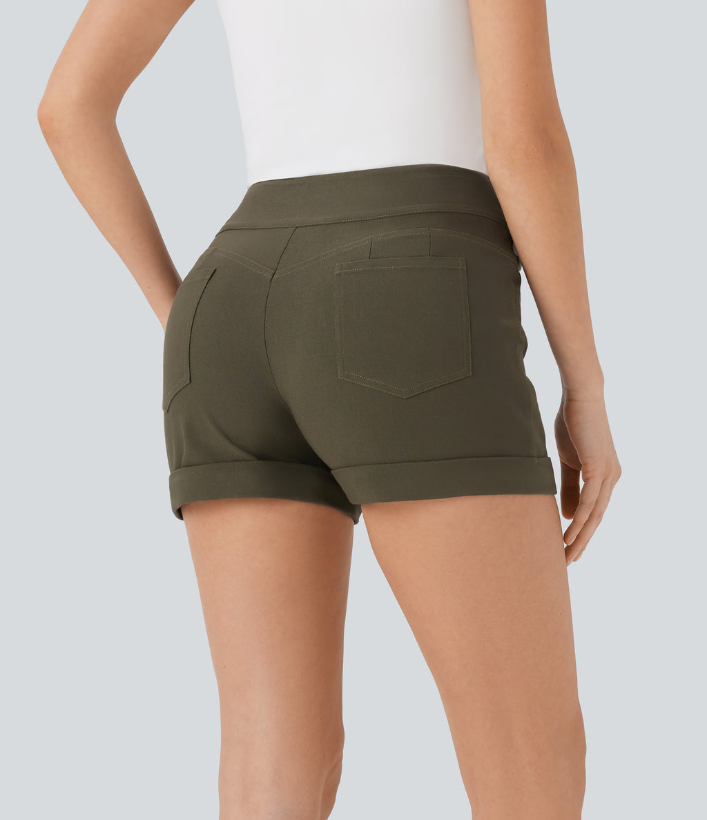 High Waisted Button Rolled Hem Casual Skinny Shorts with Pockets — Forest Wild Brown — view 2