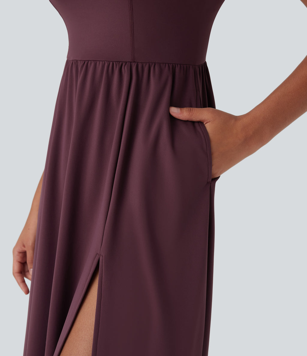 Airy Padded Midi Casual Dress with Pockets DD-F Cups — Fig — view 6