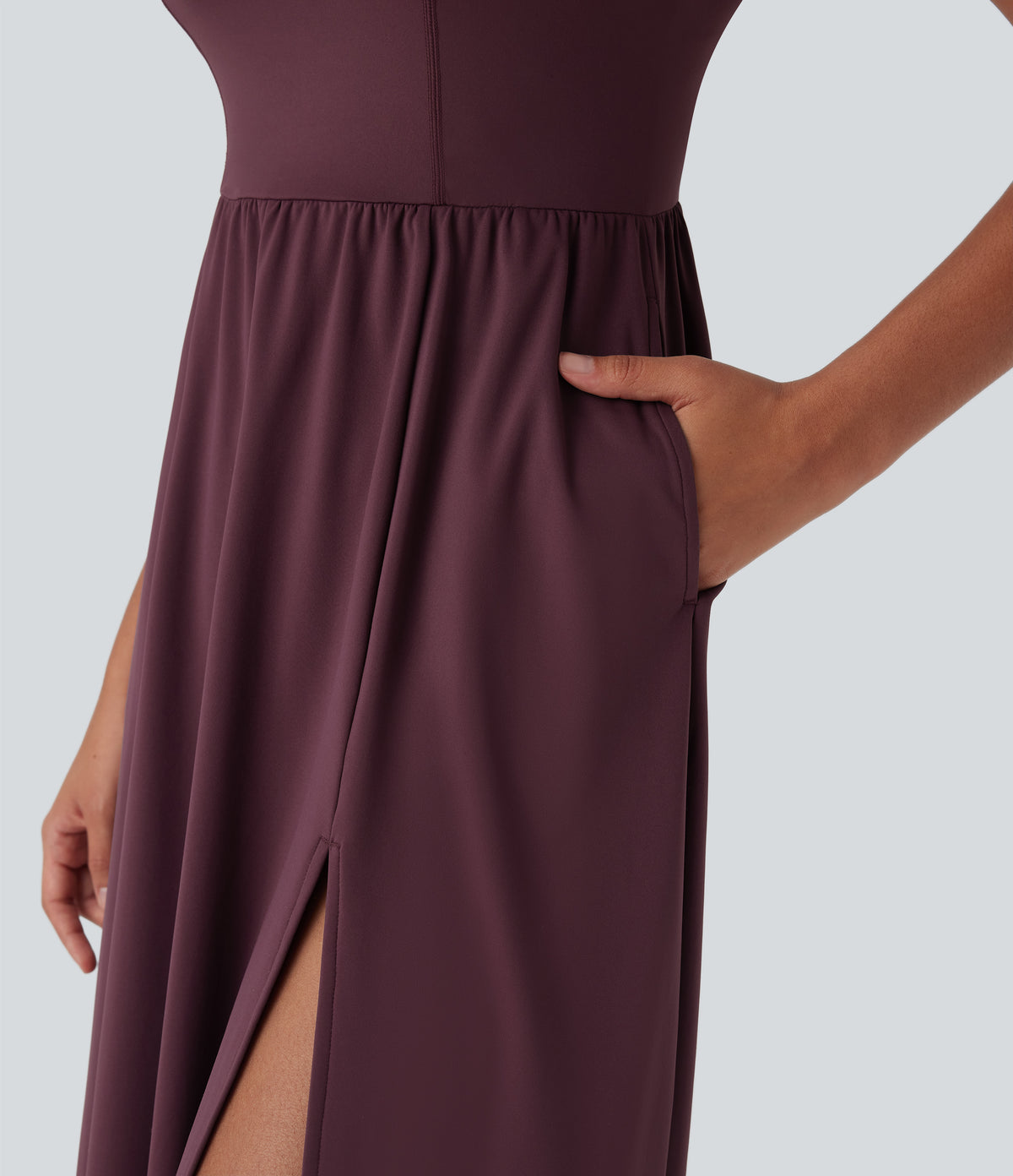 Airy Padded Midi Casual Dress with Pockets DD-F Cups — Fig — view 6