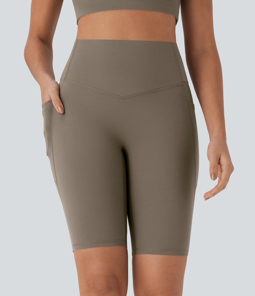 High Waisted Tummy Control Pocket Shaping Training Biker Shorts 9'' — Dawn Brown — view 6