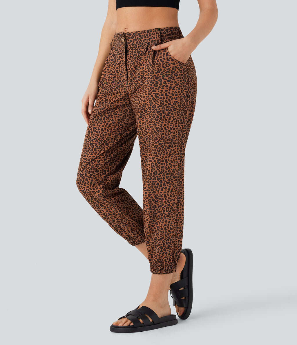 Mid Rise Leopard Print Casual Cotton Joggers with Pockets — Black Coffee Leopard Print — view 1
