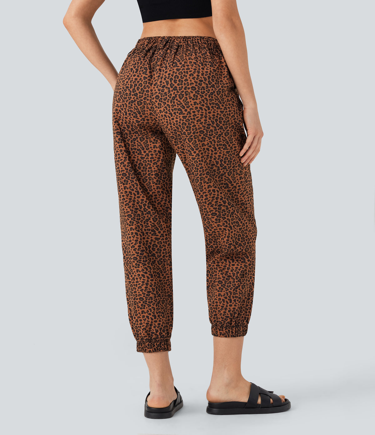 Mid Rise Leopard Print Casual Cotton Joggers with Pockets — Black Coffee Leopard Print — view 2