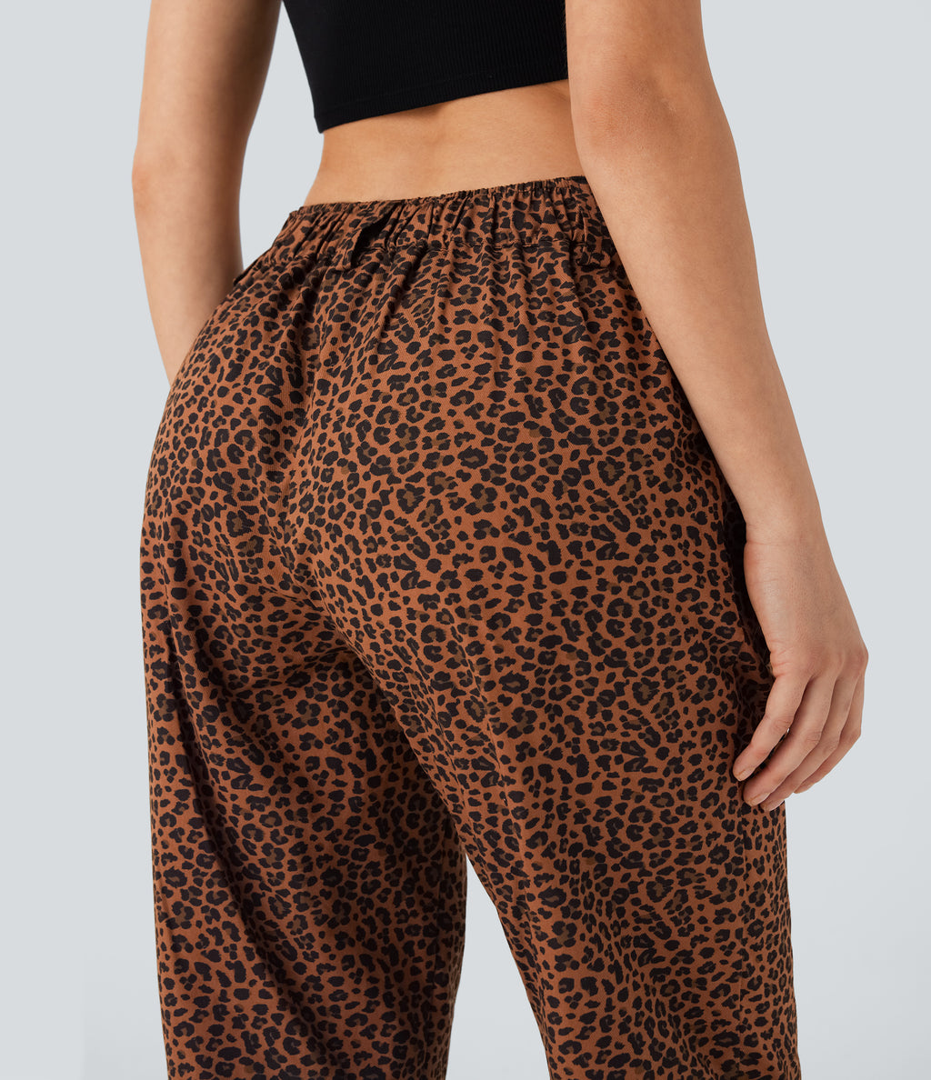 Mid Rise Leopard Print Casual Cotton Joggers with Pockets — Black Coffee Leopard Print — view 5