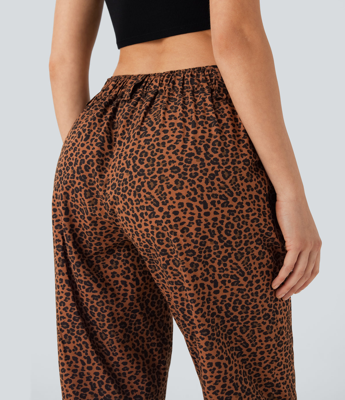 Mid Rise Leopard Print Casual Cotton Joggers with Pockets — Black Coffee Leopard Print — view 5