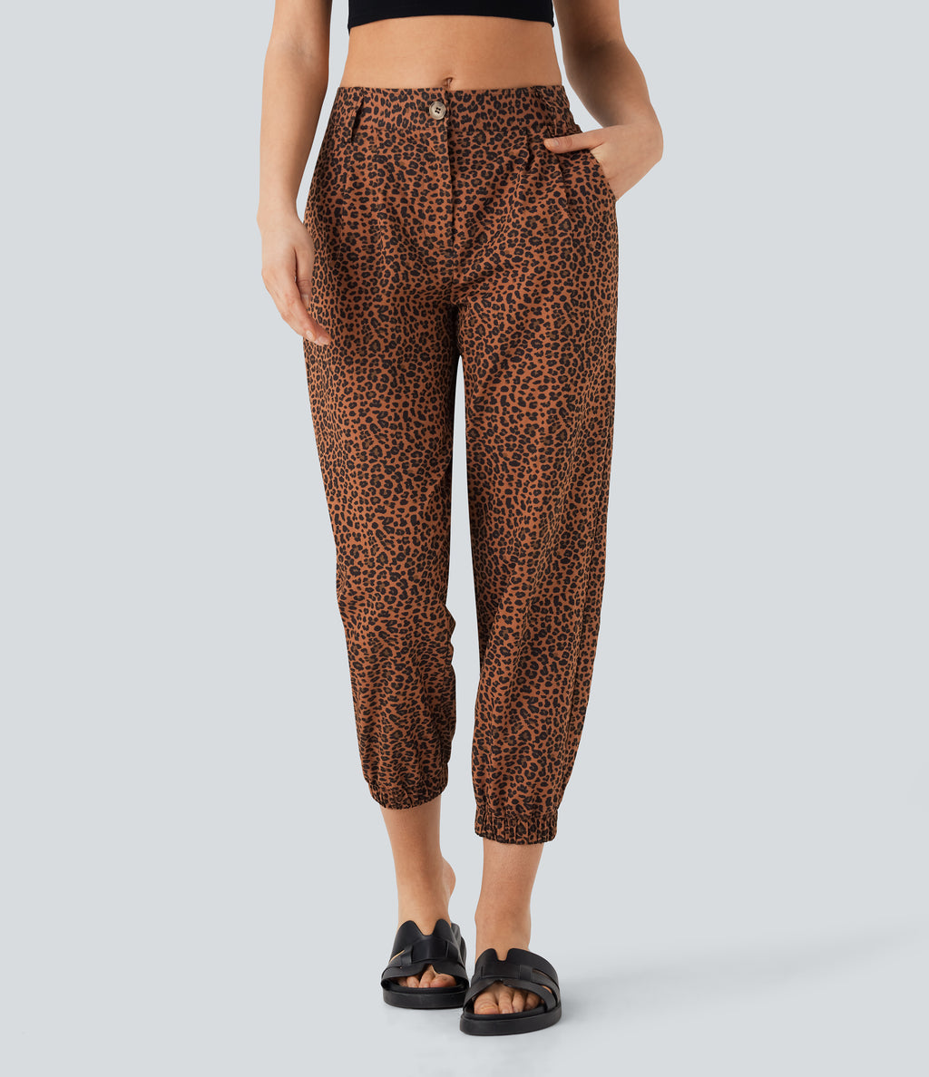 Mid Rise Leopard Print Casual Cotton Joggers with Pockets — Black Coffee Leopard Print — view 3
