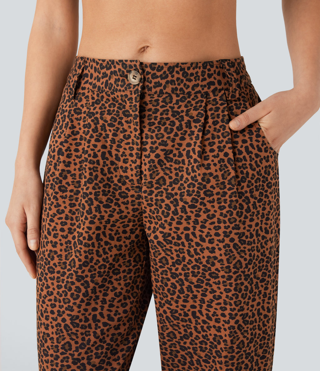Mid Rise Leopard Print Casual Cotton Joggers with Pockets — Black Coffee Leopard Print — view 4