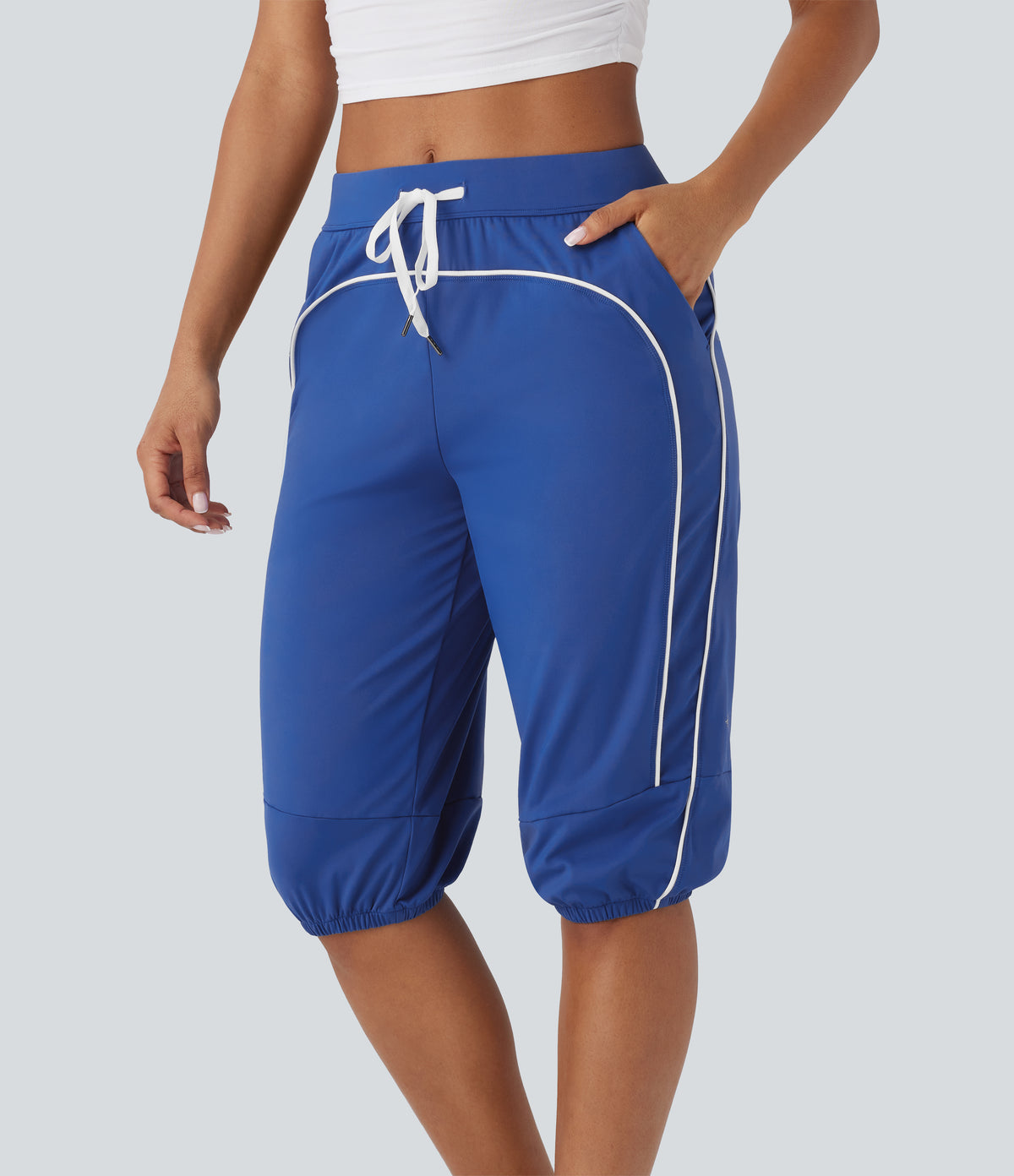 Airy Mid Rise Drawstring Pocket Color Block Contrast Binding InstantCool Dance Pedal Pusher Joggers — Beaucoup Blue — view 1