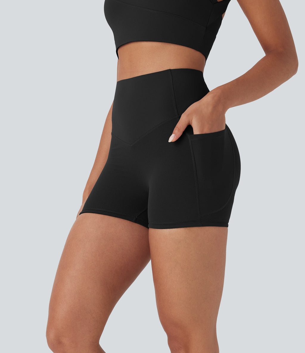 High Waisted Butt Lifting Tummy Control Pocket Shaping Training Biker Shorts 3'' — Black — view 1