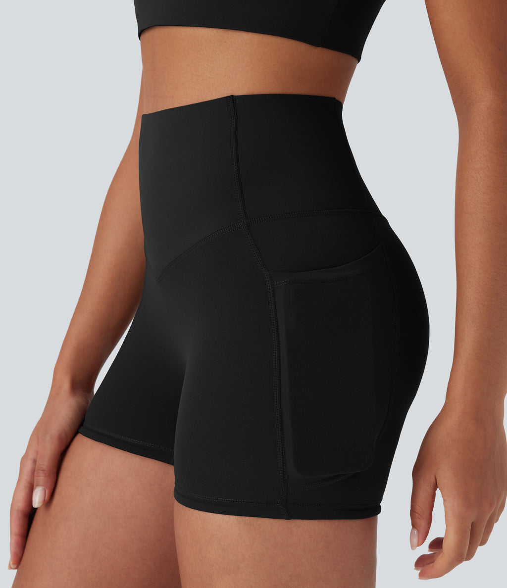 High Waisted Butt Lifting Tummy Control Pocket Shaping Training Biker Shorts 3'' — Black — view 4