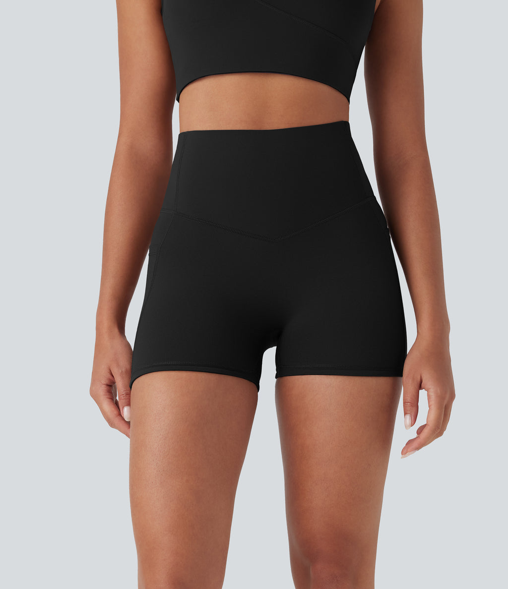 High Waisted Butt Lifting Tummy Control Pocket Shaping Training Biker Shorts 3'' — Black — view 3