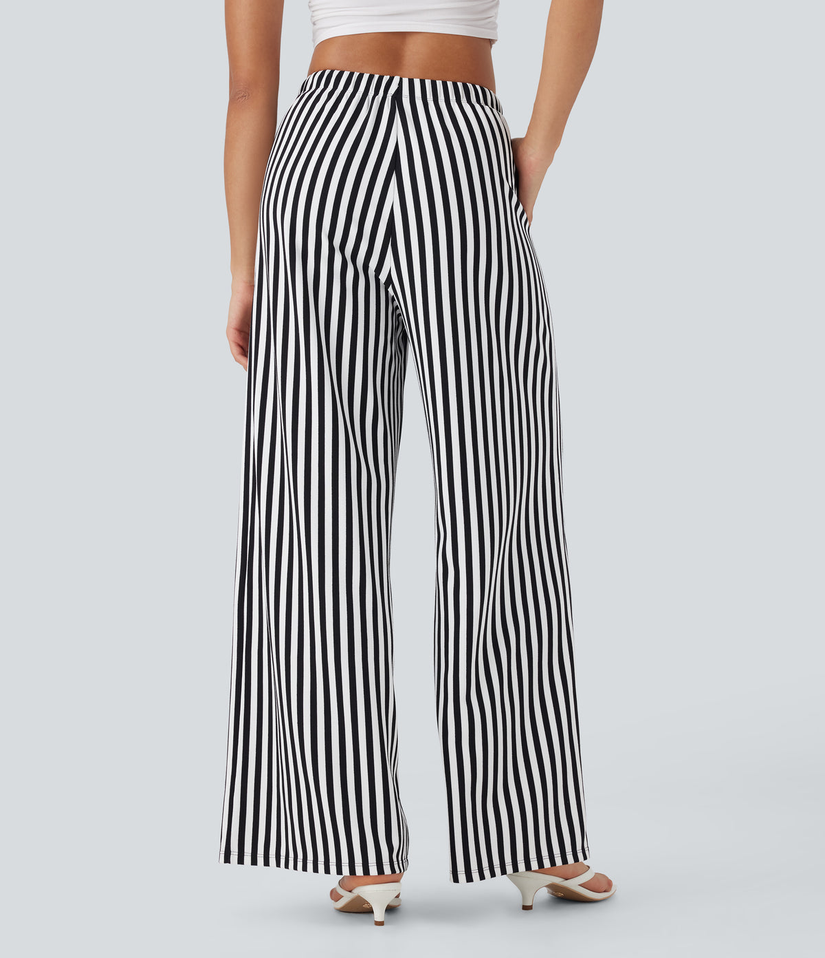 High Waisted Drawstring Stripe Waffle Wide Leg Trousers with Pockets — Black White Horizontal Stripe — view 2