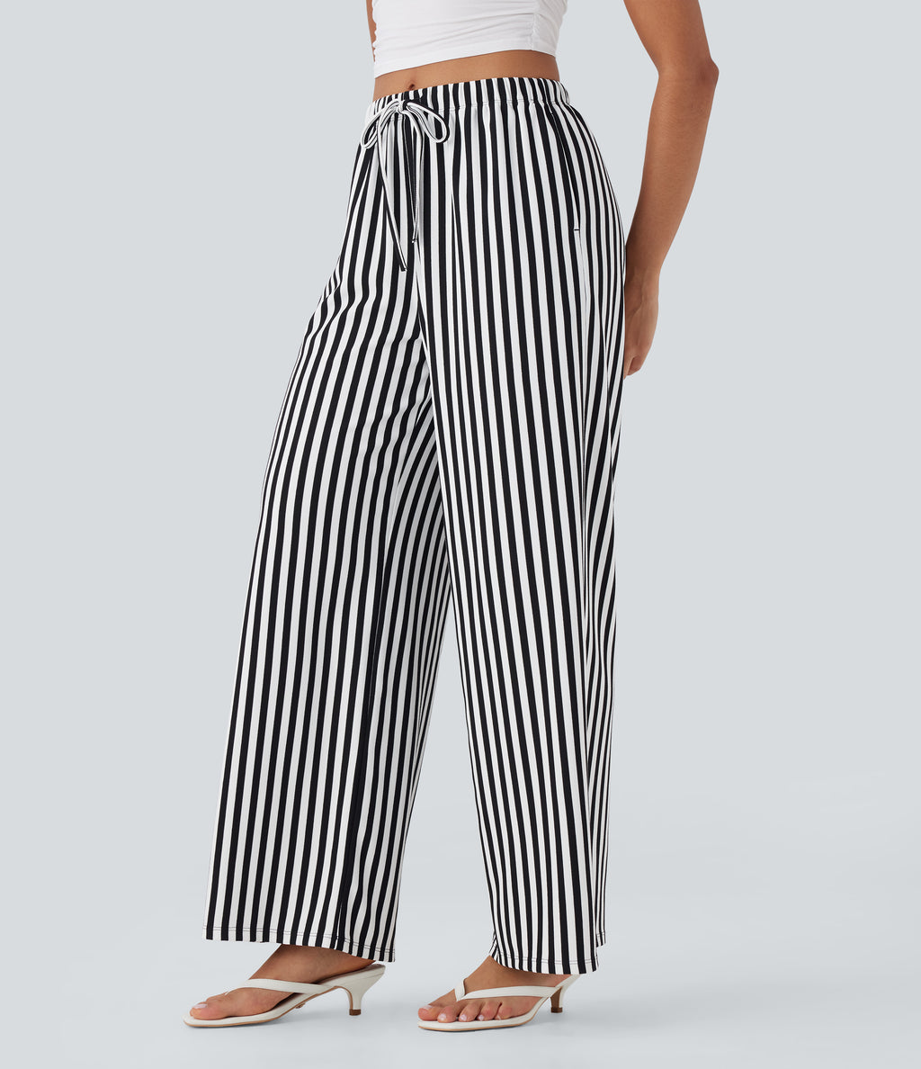 High Waisted Drawstring Stripe Waffle Wide Leg Trousers with Pockets — Black White Horizontal Stripe — view 3