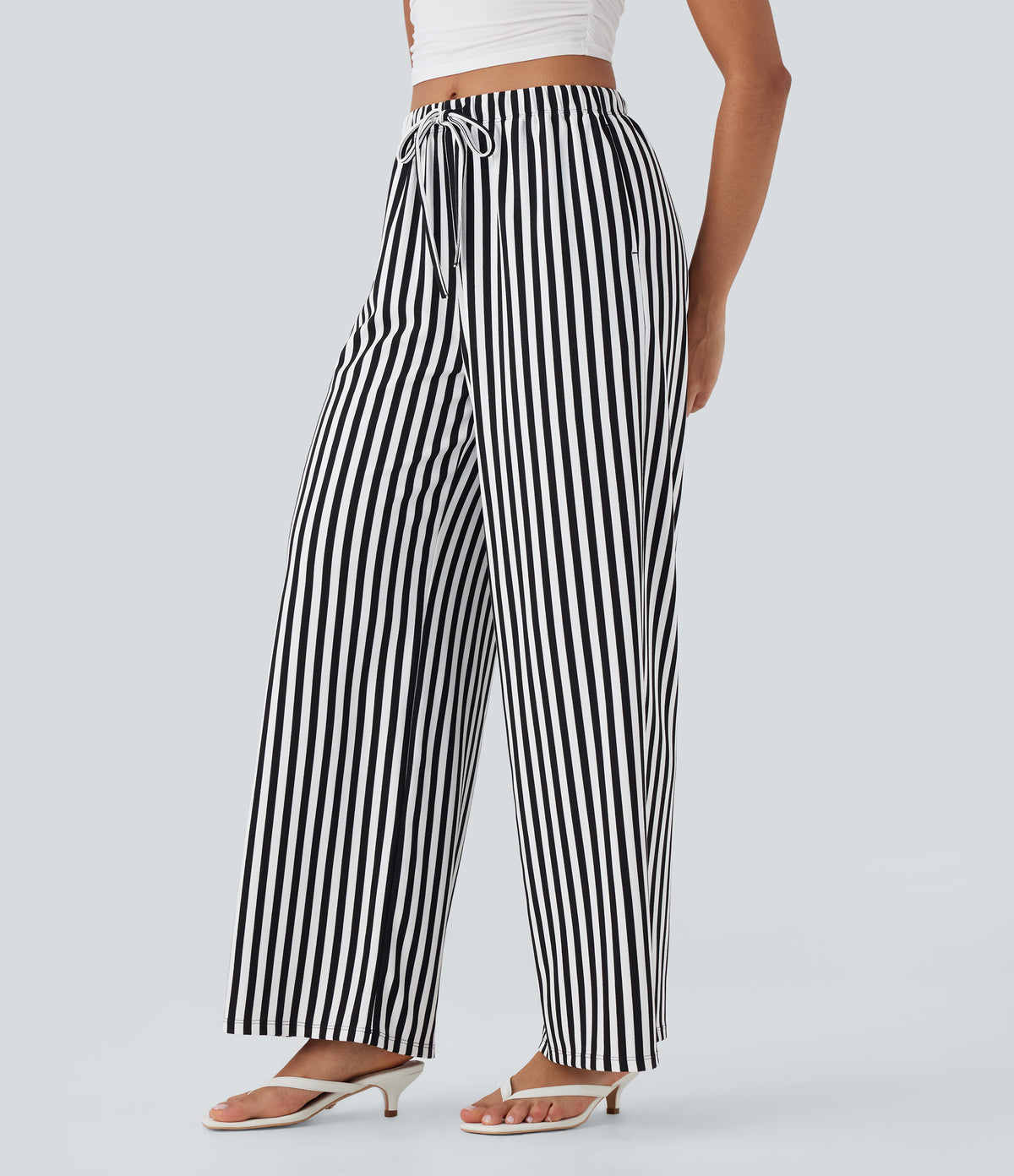High Waisted Drawstring Stripe Waffle Wide Leg Trousers with Pockets — Black White Horizontal Stripe — view 3