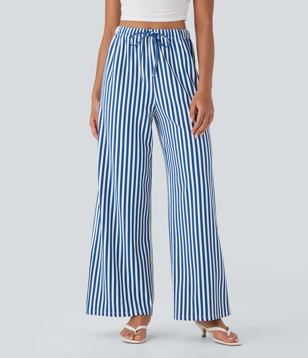 High Waisted Drawstring Stripe Waffle Wide Leg Trousers with Pockets — Cerulean Stripes — view 6