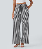 High Waisted Drawstring Stripe Waffle Wide Leg Trousers with Pockets — Black White Horizontal Stripe — view 1