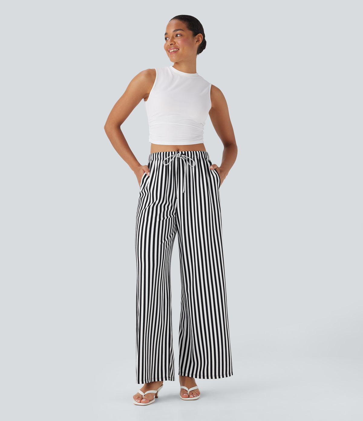 High Waisted Drawstring Stripe Waffle Wide Leg Trousers with Pockets — Black White Horizontal Stripe — view 5